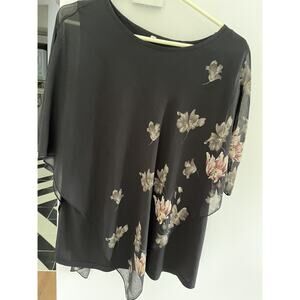 Tunic Top Women XL Sheer Floral Overlay Asymmetrical Flowy Batwing Feminine